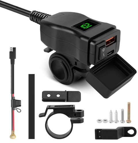 Cargador de motocicleta USB-A y C tipo 12V-24V con voltímetro e interruptor, resistente al agua IP65, carga rápida para teléfonos, tabletas y GPS