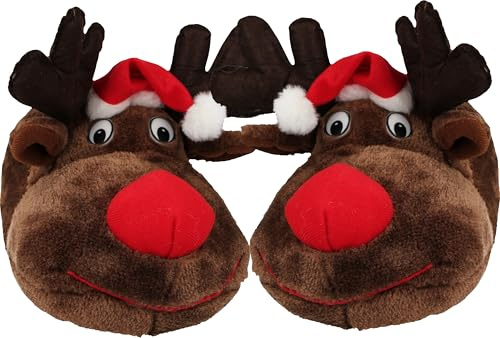 Yinka Shoes Ladies Mens Kids Red Nose Reindeer Christmas Santa Hat Plush Character Festive Xmas Novelty Slippers (Brown, UK Footwear Size System, Adult, Women, Numeric, Medium, 6)