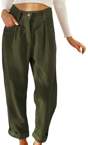 Hanraz Damen Hose, Cordhose Damen Stretch Casual Bundfaltenhose Breitcord Bequeme Damenhose High Waist Weites Bein Strickhose Warm Freizeit Stoffhose