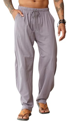 EDITCOZY Linnebyxor för män strandbyxor lösa hippy träningsbyxor harem stretchbyxor bomull yogabyxor, Grå, 3XL