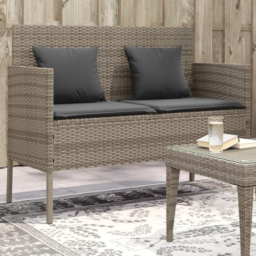 Myheimly Gartenbank mit Kissen, Sitzbank mit Staufach unter Sitzfläche, Parkbank mit abnehmbaren Bezügen, Außenbank Outdoor Bank, Poly Rattan,Grau