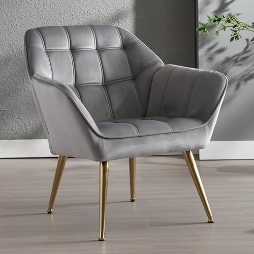 Ya-Home Butacas Dormitorio de Salon Moderno de Terciopelo con Brazos, Sillones para el Salón Individual con Patas de Madera, Sillón Habitacion para Dormitorio/Salon, Gris