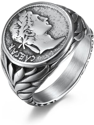 Anillo César de acero inoxidable en versiones dorada y plateada, diseño exquisito con temática de emperador romano con motivo de corona de laurel, W, Metal