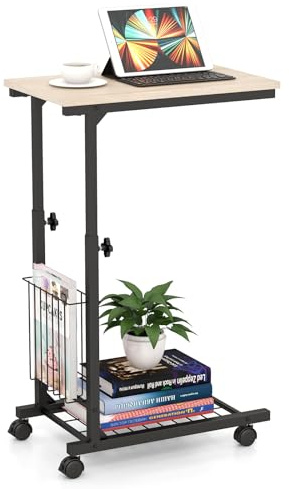 COSTWAY Mesa Auxiliar en Forma de C para Sofá con Ruedas, Mesa Ajustable de Salón con Cesta de Almacenamiento, Mesa Rodante sobre Cama Sofá Salon, 50 x 30 x 58-80 cm (Natural)