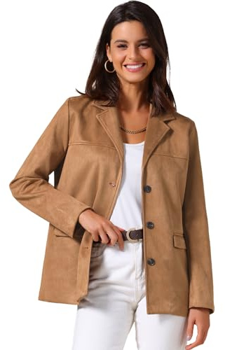 Allegra K Women's Faux Suede Blazer Jacket Vintage Casual Button Down Long Sleeve Blazer with Pockets Brown XL