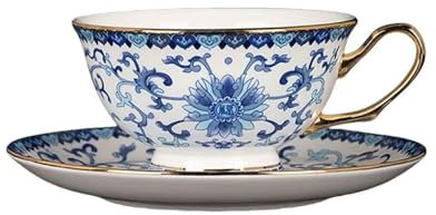 Ufeiwan Service à café floral Jingdezhen peint à la main – Tasse et soucoupe en céramique avec accents dorés | Passe au lave-vaisselle | Cadeau vintage 6 couleurs (bleu et blanc)