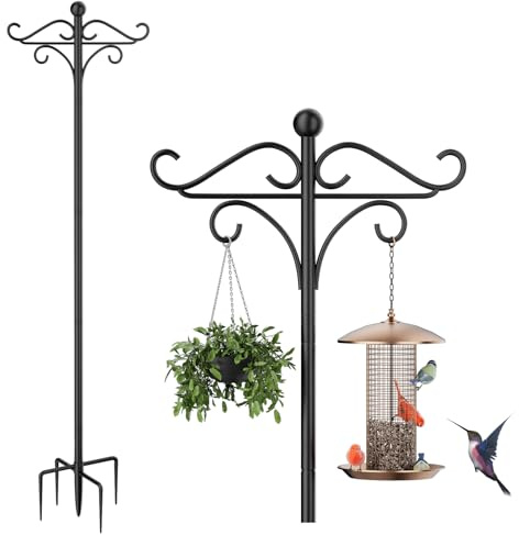Bird Feeders Hanging Station, 194cm Free Standing Bird Feeder Poles Hangers with Double Crooks Hook, Heavy Duty Metal bird tables for Garden, Outdoor, Lanterns, Light- 01