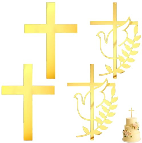 4 Adornos de Cruz para Tartas, Decoraciones para Primera Comunión y Bautizo, Adornos de Acrílico Dorado con Paloma y Hojas para Bautizo, Boda (2 Estilos)