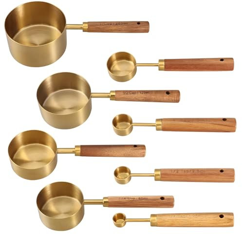 Set di 8 misurini e cucchiai dosatori in rame con manici in legno, utensili da cucina per caffè, spezie e cottura