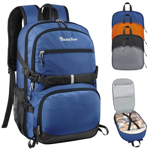 Seektop Leichter Reiserucksack für Herren und Damen, mehrere Taschen, 40 l, Wanderrucksack, faltbarer Handgepäck-Rucksack, Blau, Large