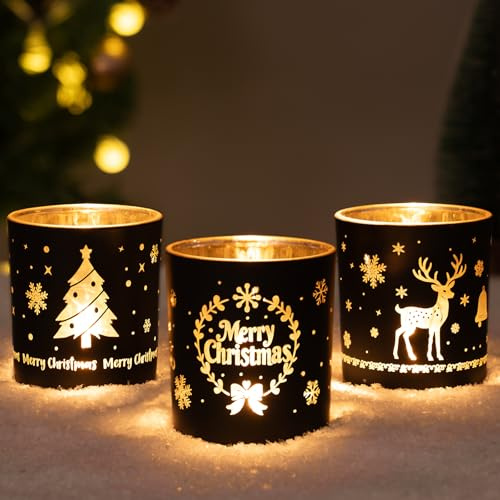 Larcenciel Portavelas Cristal Navidad, Set de 3 Candelabros para Velas de Lujo en Negro y Dorado con Renos, Coronas y Árboles de Navidad, Románticos Candelabros para Decoracion Mesa, Hogar y Salón