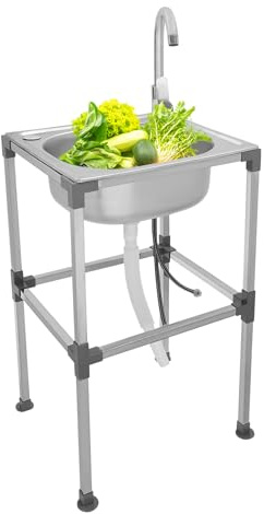 Mobile Spüle,Edelstahl Küchenspüle,Freistehende Spülbecken mit Wasserhahn,Kalt-/Warm-Anschluss,Spültisch für den Außenbereich,Edelstahl-Waschbecken für Restaurant, Wäscherei, Garage (42 x 37 x 75cm)