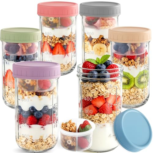 Otauoaea 6 Piezas Overnight Oats Jars 640ml Tarros de Cristal con Tapa Hermética con Capa Separadora, Botes de Cristal para Overnight Oats,Frascos de Vidrio Vasos Cristal para Yogur,Avena,Ensalada