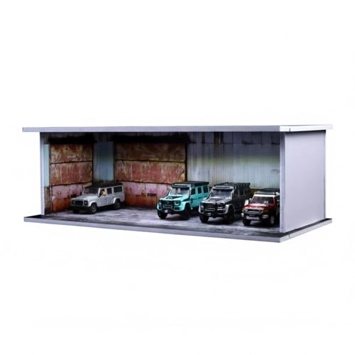 1:64 Scale Diecast Car Display Case with LED Light & Dustproof Acrylic Door - Diorama Parking Garage, Abandoned Warehouse Theme - Stackable & Linkable Storage for Hot Wheels, Matchbox