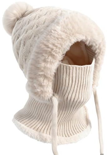 Generisch Wintermütze Damen Sturmhaube Plüsch 3 In 1 Set Aus Strickmütze Halswärmer Und Verstellbar Gesichtsmaske Geeignet Für Alltägliche Outdoor Aktivitäten Im Winter
