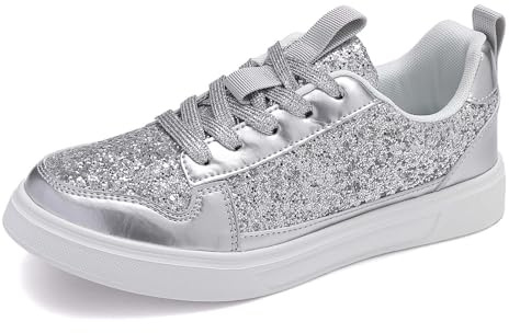 Generisch Sneaker lucide alla moda da donna a taglio basso come comode scarpe quotidiane dal design casual per diverse occasioni, argento, 37 EU