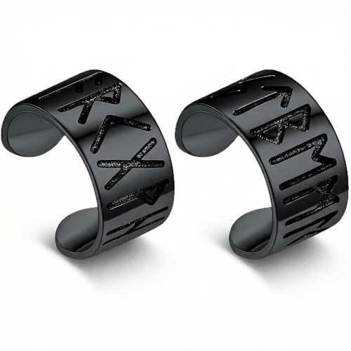 Viking Rune Hoop and Cuff Earrings for Men and Women, Stainless Steel Black Punk Earcuffs, Onyx Norse Rune Studs and Clip-On Jewellery Accessories, Gothic Norse Mythology Earring Set (2, Black)
