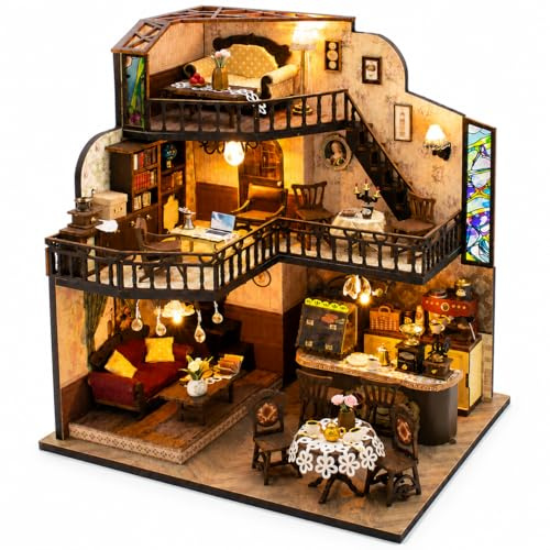 Spilay Maison miniature, Fortunate Encounter Cafe DIY Kit de maison miniature avec lumière LED, boîte à musique et couvercle anti-poussière, puzzle en bois 3D, maison de poupée en bois, modèle de café