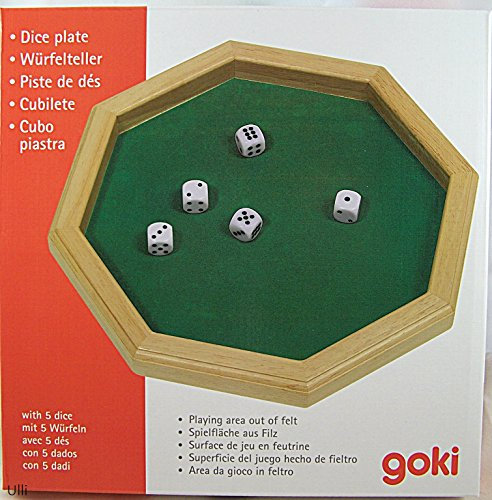 goki 56954 Holz-Würfelplatte mit 5 Würfeln - 25,7 cm Durchmesser, grüne Filzoberfläche - perfekt für Würfelspiele für sicheres Würfeln mit Kindern