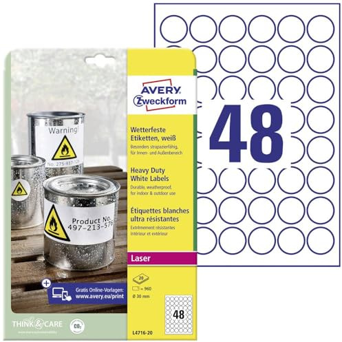 AVERY Zweckform L4716-20 Wetterfeste Folienetiketten (960 Klebeetiketten, Ø30mm auf A4, extrem stark selbstklebend, wasserfest, strapazierfähig, bedruckbare Outdoor Klebefolie) 20 Blatt, weiß