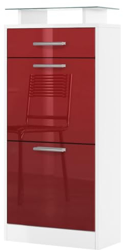 Vladon Schuhschrank Loret V2, Schuhkipper für 8 Paar Schuhe mit 2 Klappen, 1 Schublade und Glasablage, Weiß matt/Bordeaux Hochglanz (46 x 104 x 23 cm)
