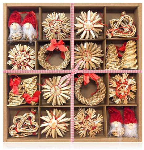 COM-FOUR® Juego de Estrellas de Paja de 56 Piezas - Estrellas, Campanas, abetos y Figuras Tradicionales como Adornos para árboles de Navidad - pequeños Colgantes de Paja - Colgantes Naturales