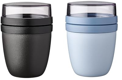 Mepal | Lunchpot Ellipse Mixed | Nordic Black + Nordic Blue | Müslibecher to go | Unterteilung für Joghurt & Müsli | 500 ml + 200 ml | Geeignet für Gefrierschrank, Mikrowelle & Spülmaschine