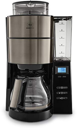 Melitta Aroma Fresh - Filterkaffeemaschine - integriertes Mahlwerk - mit Glaskanne - Timer Funktion - Tropfstopp - 10 Tassen - Metallic Grau (1021-03)