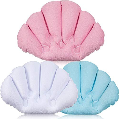 3 Pieces Inflatable Bath Pillow with Suction Cups, Terry Cloth Covered Shell Shape Bathtub Spa Pillow Comfortable Soft Cushion, Neck Support(Pink, Blue, White)