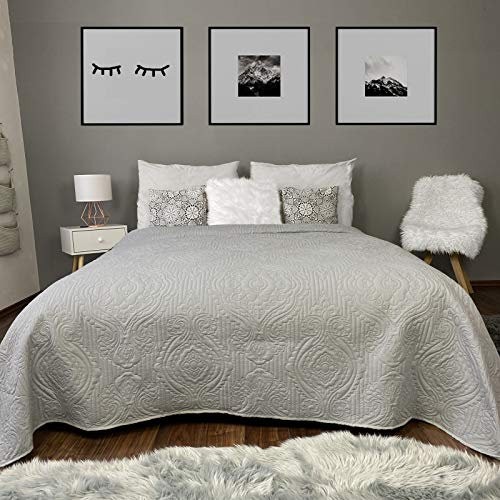 HOMELEVEL Tagesdecke Bett & Sofaüberwurf Bettüberwurf Sofa Tages Ornamente Decken Betthusse XXL Decke Überwurf Überdecke Hellgrau 240cm x 260cm
