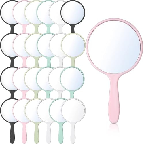 Jetec 25 Pcs Small Handheld Mirror with Handle, 3.94 L x 2.17 W, Mini Portable Round Mirror Bulk for Kids Classroom Travel Makeup Daily Gifts DIY Easter Crafts(White, Pink, Black, Blue, Green)