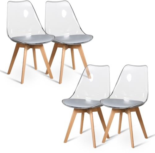 GrandCA HOME 4er Set Esszimmerstühle mit Sitzkissen aus PU-Leder, transparente Beistellstühle für Küche, Esszimmer, Schlafzimmer (Grau/PU)