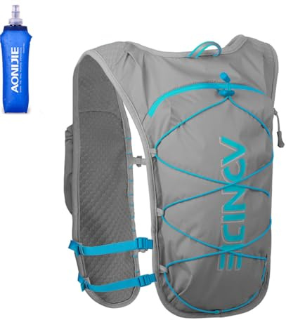 AONIJIE 5L Leichter Outdoor Trinkrucksack Wanderweste Tasche Marathon Laufen Radfahren Sporttasche (Grau + 1 Stück 500ml Flaschen)