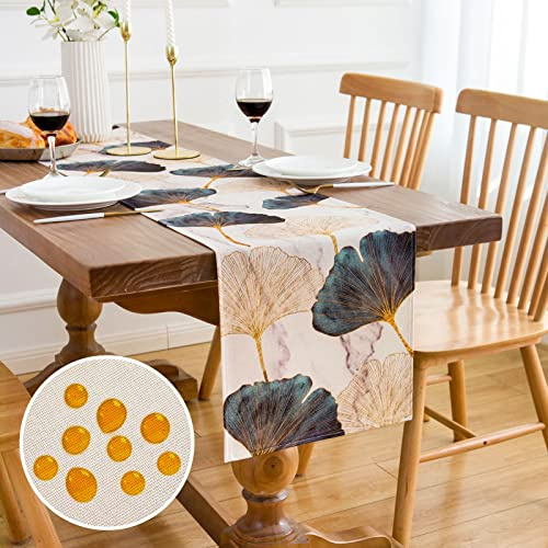 Chemin de Table Vert Doré Ginkgo Biloba Motif Décoration de Table Moderne Chemin Table Imperméable Rectangulaire Décoratif Tabletop Decor Chemin de Table pour l'intérieur et l'extérieur 33x183cm