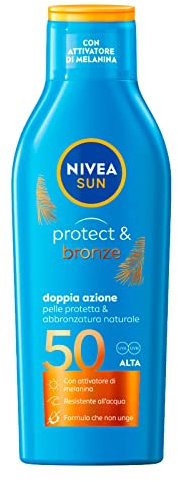 NIVEA SUN Sonnenmilch Protect & Bronze FP 50 200 ml Sonnencreme 50 für eine intensive und gleichmäßige Goldbräune, Sonnenschutz 50 mit Melaninaktivator