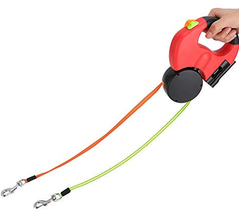 Ejoyous Doppelte Einziehbare Hundeleine, Flexible Einziehbare Hundeleine Doppelleine mit LED Licht für Zwei Hunde Reflektierend Hundeleine (Rot)