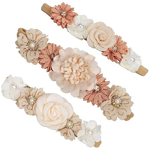 WJRQD 3 pieces baby girl flower headbands with stain band，Flower Band Headband, Baby Christening Headband,newborn headband, baby hair accessories for party, wedding, family photo