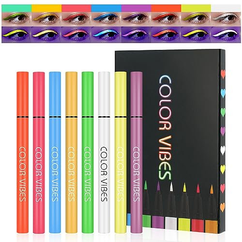 LOPHE Ensemble d'eye-liner liquide néon, 8 Couleurs UV Glow Mat Liquide Eyeliner Ensemble, étanche longue durée coloré fluorescent corps Pour usage quotidien Halloween Noël