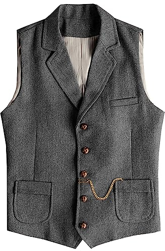 AeoTeokey Men's Western Herringbone Tweed Suit Vest Wool Slim Fit Waistcoat (Grey,L)