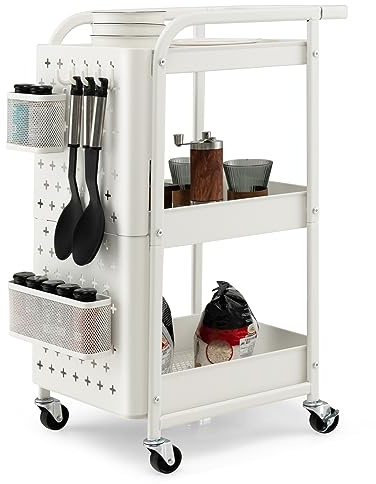 KOMFOTTEU Carro de Almacenamiento de 3 Niveles, Carrito Rodante con 2 Tablero de Clavijas, 2 Cestas y 4 Ganchos, Carro de Servicio de Metal para Cocina, Baño, Oficina, 52 x 33 x 75 cm (Blanco)