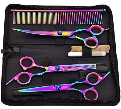 Hundepflegeschere, Haustierpflegeschere, Edelstahl, Haustier-Trimmer-Set, Haustierpflege-Set, professioneller Haarschnitt, Katzenpflege-Scheren-Set, 7-Zoll-Schneidschere, Effilierschere, gebogene Sc