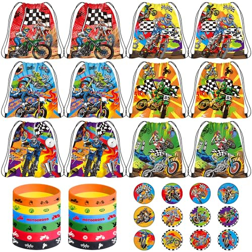 Ywediim Dirt Bike Party Favor Supplies, Including Motorcycle Theme Boy Motocross Bags Drawstring Goodie Treat Bags Wristbands Badge, for Motocross Theme Kids Birthday Party Gift