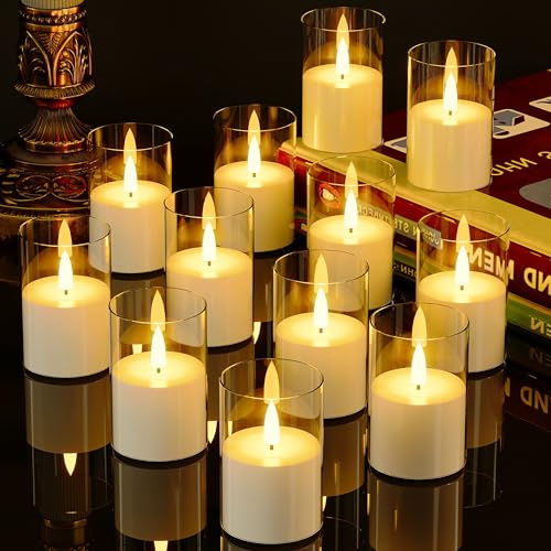 VIODAIM 12Pack Flickering Flameless LED Candles with Timer, Battery Powered - Small Pillar & Votive, Clear (2X3)