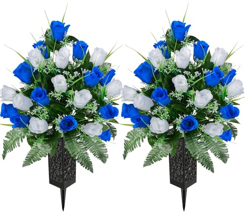 Kukooka Artificial Cemetery Flowers for Grave, Artificial Rose Memorial Flowers with Vase for Cemetery Headstones Gravesites Decoration Long-Lasting Remembrance (Dark Blue & White)