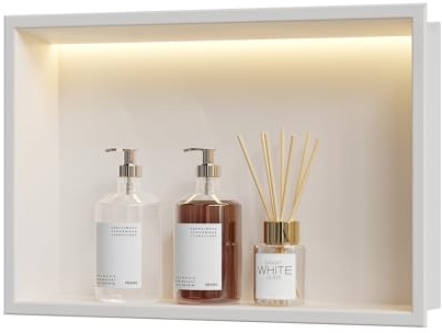 Neohomee Nicho de Ducha de Pared de Acero Inoxidable con Luz LED, Nicho de Ducha Empotrado Blanco con un Solo Estante de Almacenamiento para Baño, 45 x 30 cm