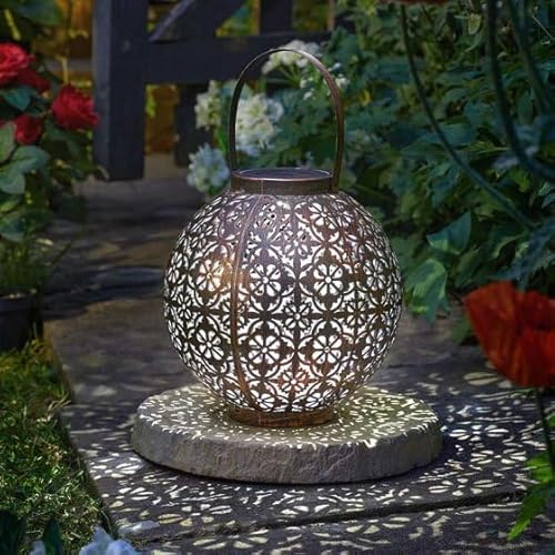 Marco Paul Solar Powered LED Lantern Outdoor Garden Light Round Decorative Moroccan Style Hanging Lantern Warm White Waterproof Metal Table Lamp for Patio, Pathway, Lawn, Balcony & Outdoor Decor