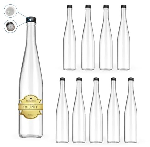 10 botellas de vidrio de 700 ml con tapón de rosca negro con boquilla para bebidas espirituosas como ron, whiskey, vodka o aceite de oliva, agua y licor