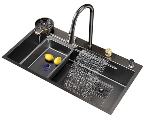 Küchenspüle Raindance Wasserfall-Edelstahlspüle Haushalts-Nano-Geschirrspülbecken Handgefertigtes Unterbauwaschbecken (Größe: 65 x 45 cm)