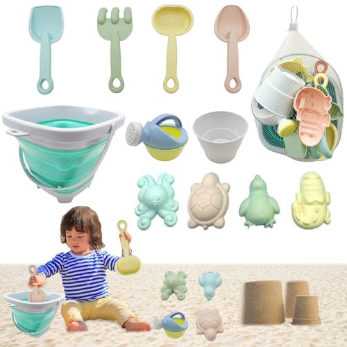Cudeyrey 11 Pcs Sandspielzeug Set, Sandkasten Spielzeug, Sandspielzeug Strandspielzeug Kinder, mit Faltbarer Eimer, Tasche, Sandformen, Sandschaufel, Sandspielzeug für Mädchen Junge