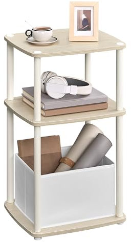 SONGMICS HOME Superschnelle werkzeuglose Montage, Beistelltisch, Nachttisch, mit 3 Ablagen, Stoffkorb, für Schlafzimmer, Wohnzimmer, Stahlrahmen, 30 x 34 x 58 cm, modern, naturbeige LET286N01